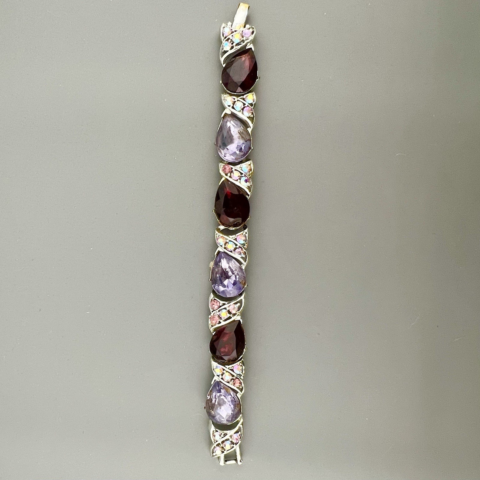Vintage AB Rhinestone Bracelet Purple Red Link Statement Silver Tone 6.75”