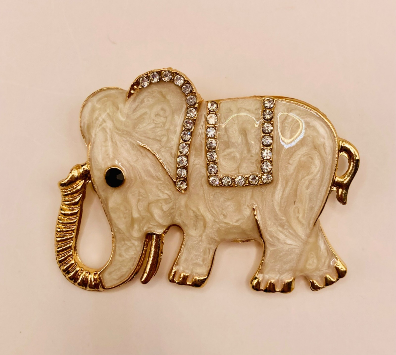 Gold-Tone Elephant Brooch Pin Rhinestones & White Enamel Finish -13B