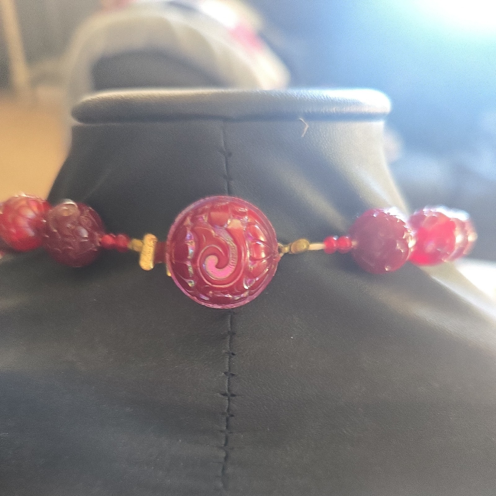 Vintage Austria Signed Red Iridescent Lucite or Resin Beaded 22″ Necklace