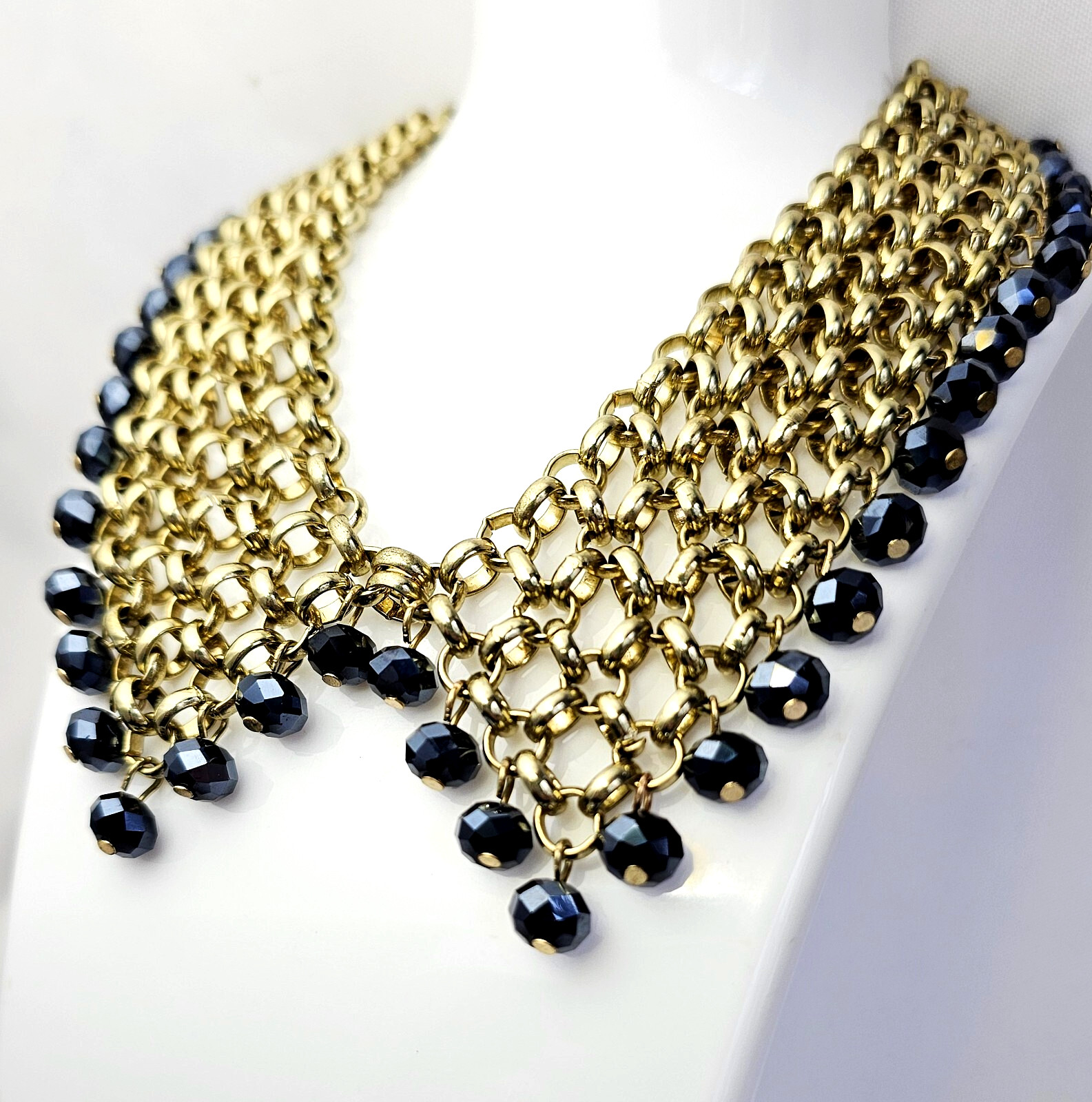 Gold Tone Chain Mail Blue Bead Bib Necklace Collar Fringe Dangling Beads Vintage