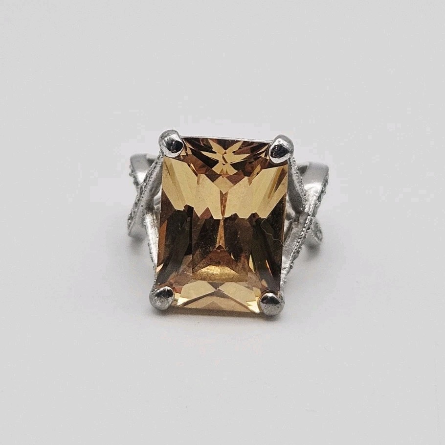 Sterling Silver Vintage 12.14ct Citrine & CZ Statement Ring Size 8