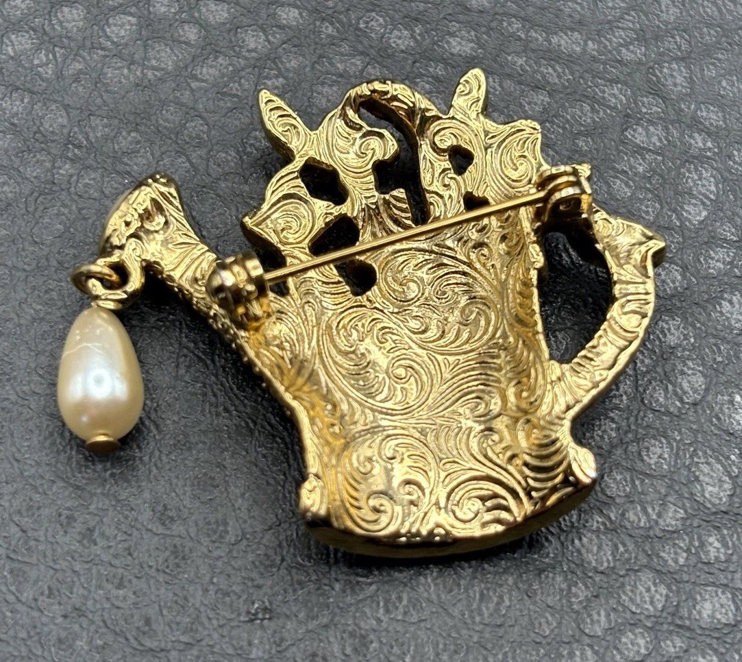 1928 Brand Gold Tone Faux Pearl Rhinestone Flower Watering Can Gardening Brooch