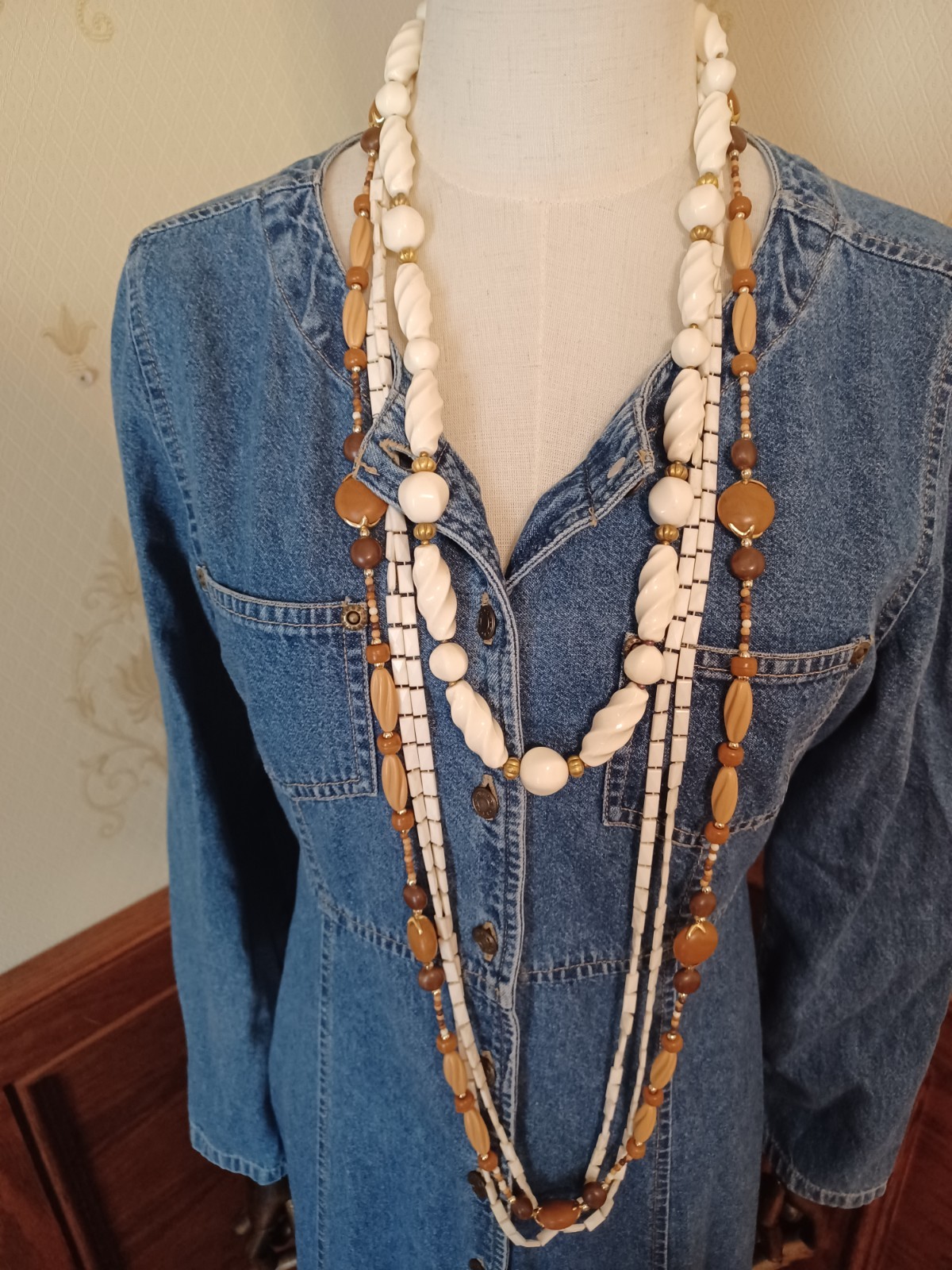 Stack of 3 Vintage 1960s White Brown Gold Bead Boho Hippie “Love Bead” Necklaces