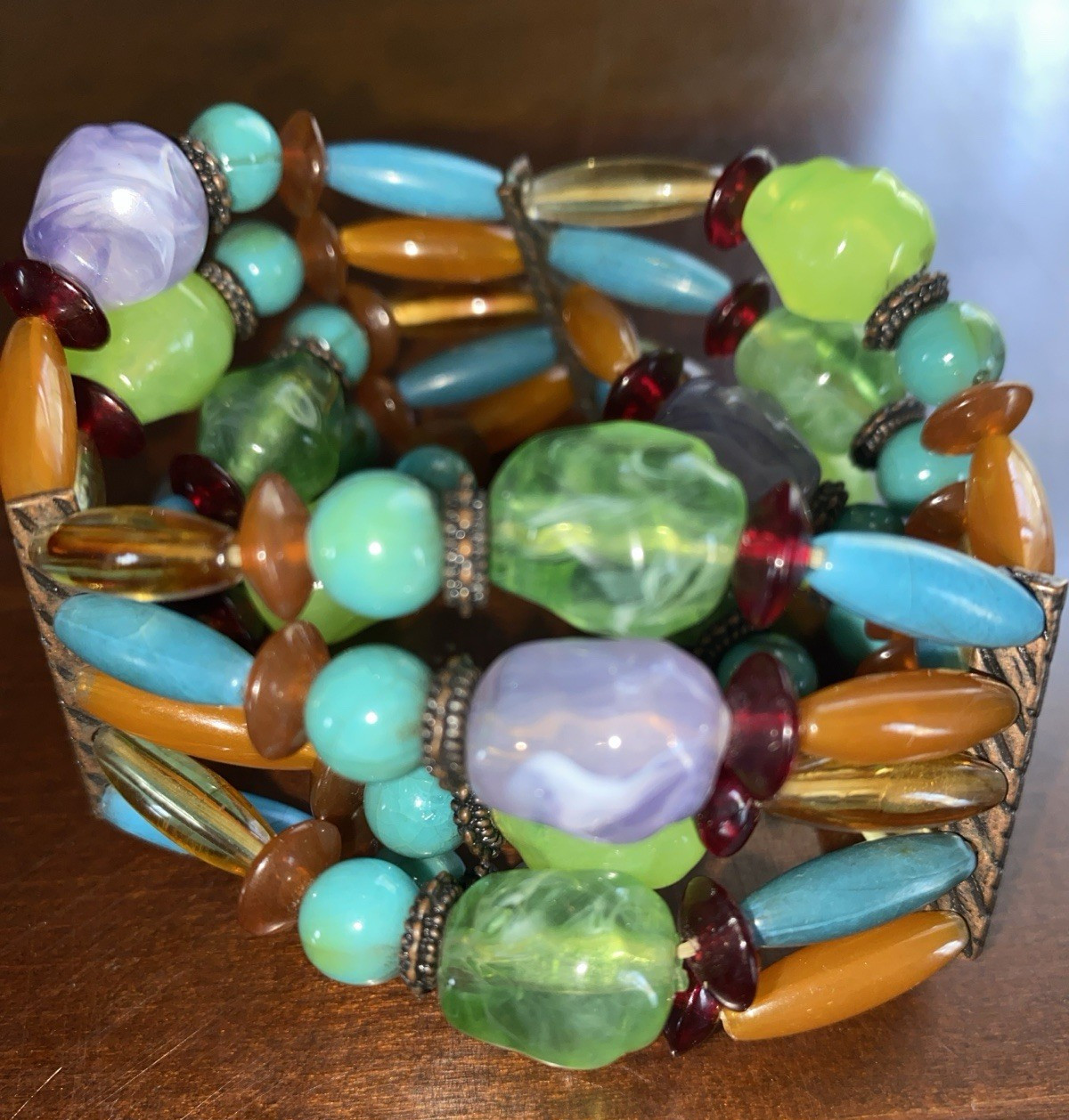 Vintage Beaded Blue Marble, Green Earthtones & Multi Colors Stretch Bracelets- 3