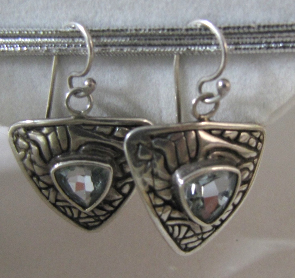 Vintage Sterling Silver Trillion Blue Topaz Tribal Shield Earrings Signed DC 925