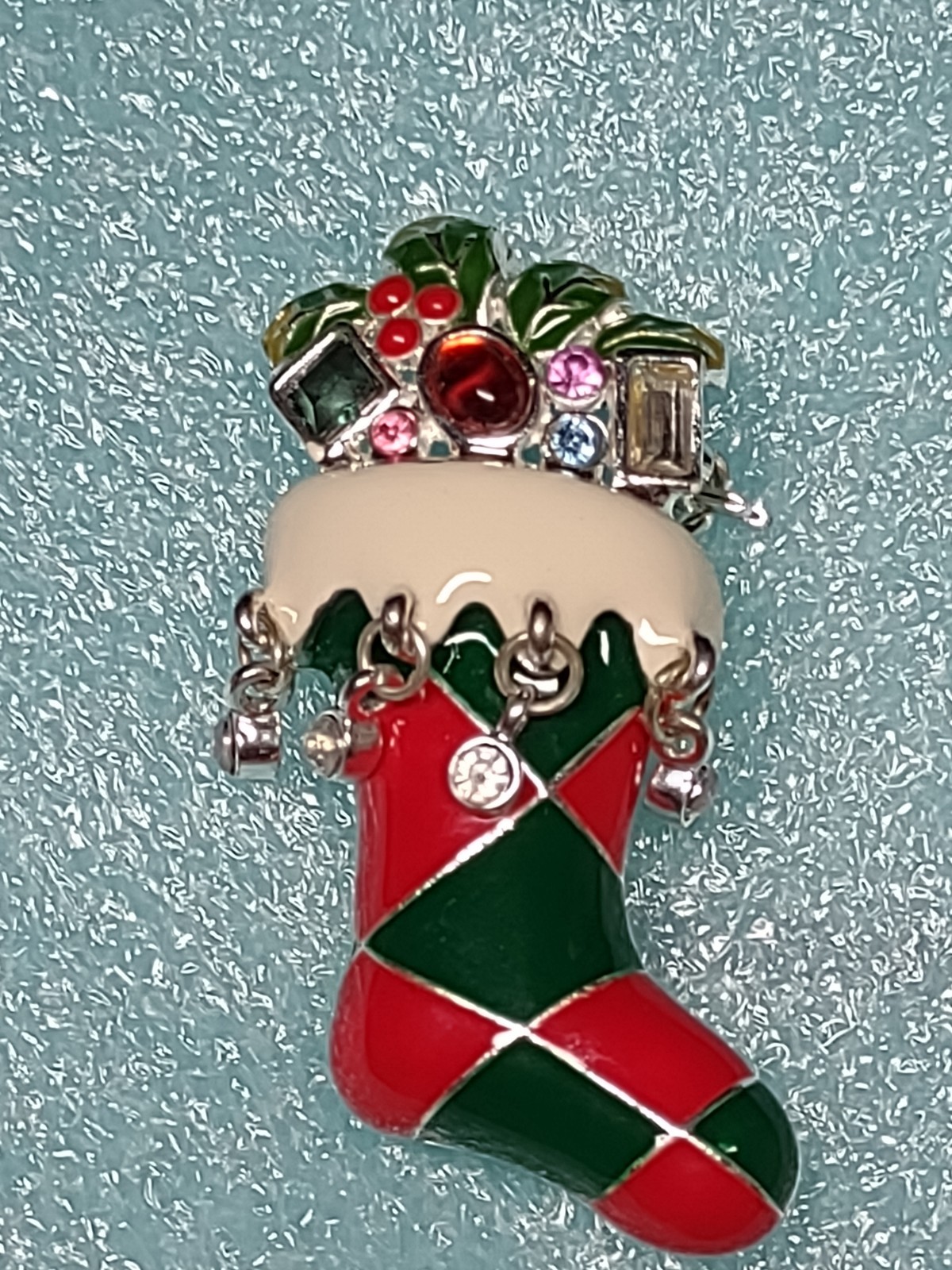 Bejeweled Christmas Stocking Brooch Pin Dangles Enamel Pendant Too