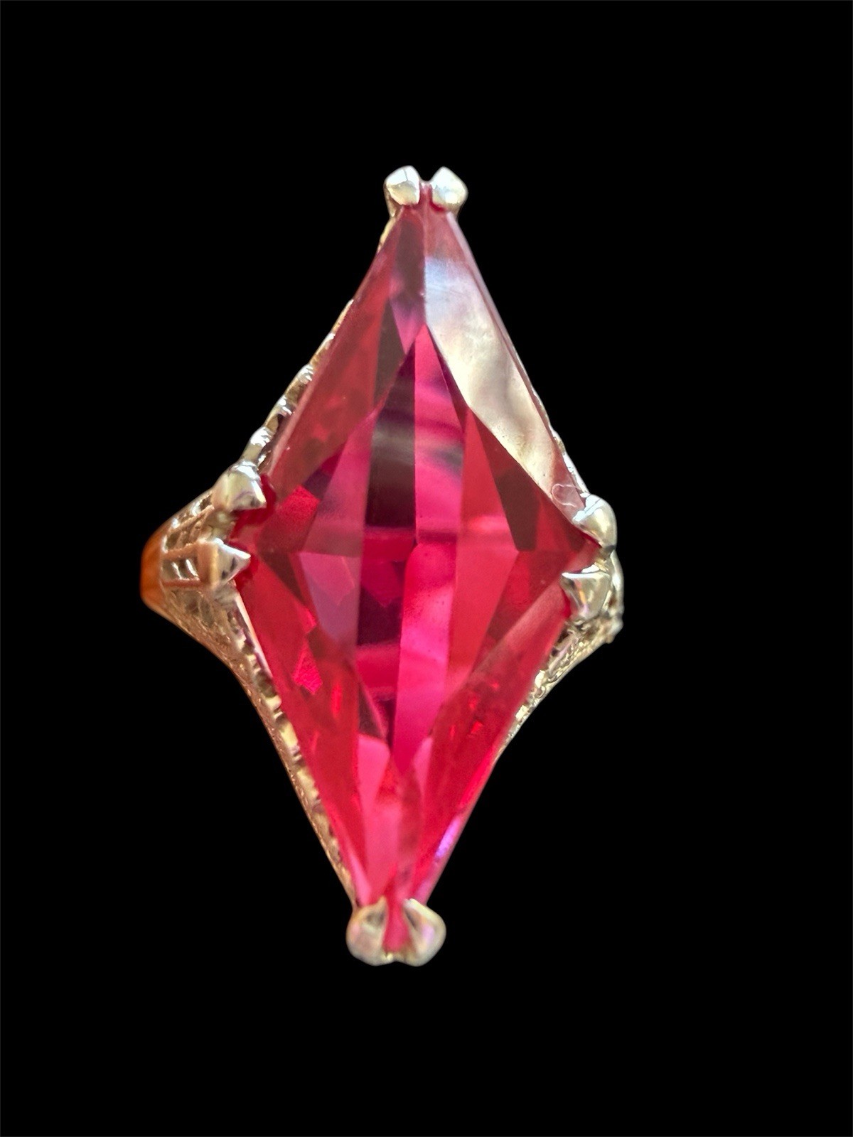 Antique Art Deco 14k White Gold Filigree Ring with a Kite Cut Ruby lab created