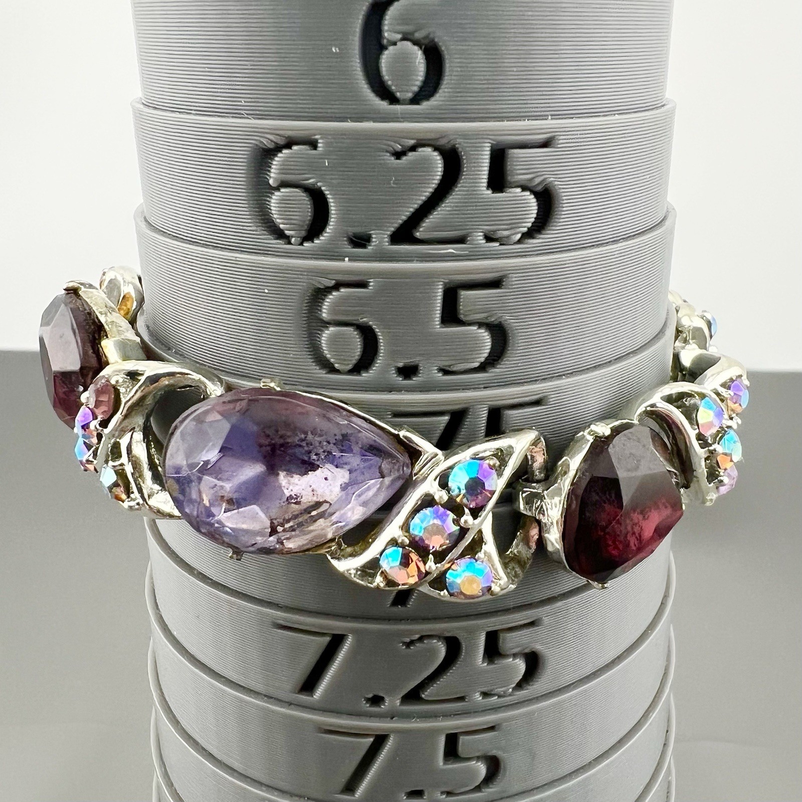 Vintage AB Rhinestone Bracelet Purple Red Link Statement Silver Tone 6.75”