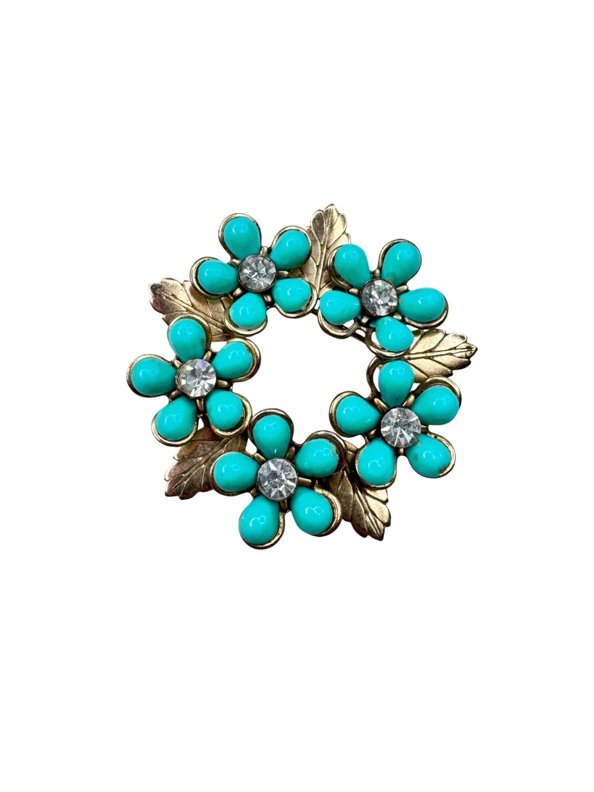 Unsigned Brooch Teal Acrylic Flower Wreath Crystal Gold Tone Floral 1960s Vintag