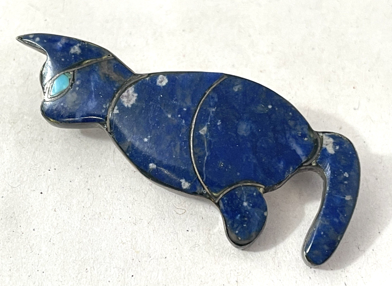 Vintage 980 Silver Lapis Lazuli & Turquoise Cat Brooch 2″ Inlay Cute