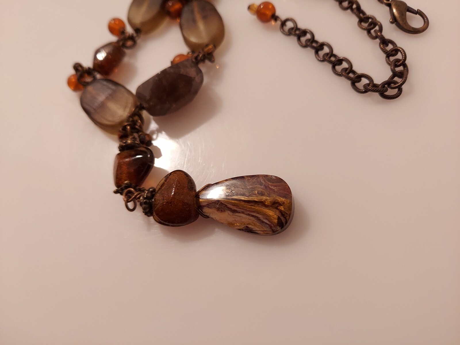 lozenge bead & natural polished stone necklace strand adj. 15″-18″ brown colors