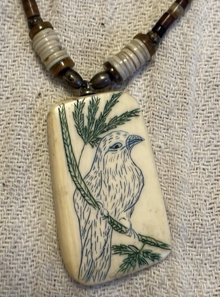 Bird On Fir Tree 1.5” Scrimshaw Necklace Vintage Heishi & Silver Tube beads 17”