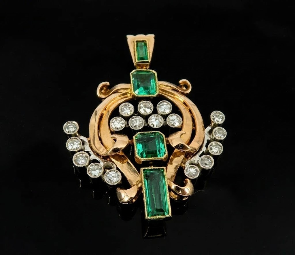 Antique 3.10CT Emerald Cut Real Emerald Pendant Vintage 14K Two-Tone Gold Finish