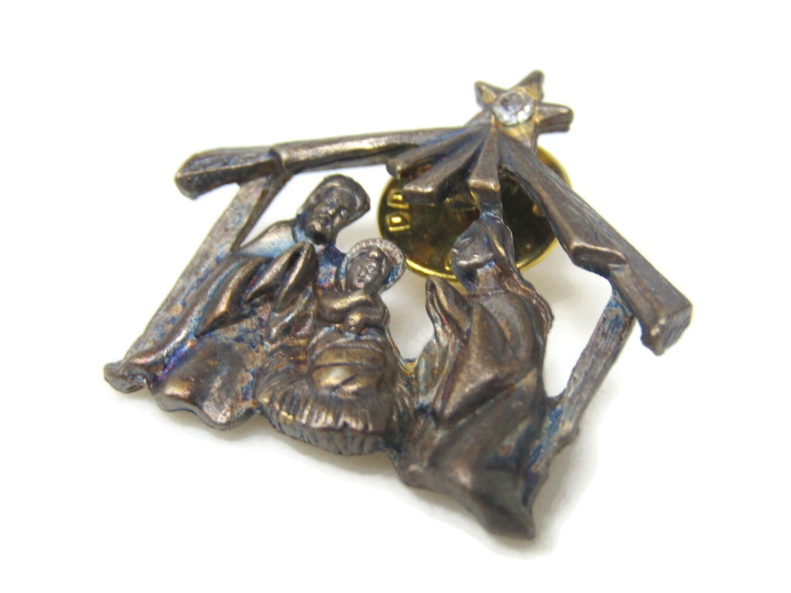 Vintage Nativity Scene Pin Brooch Christmas Jesus Mary Joseph Pewter Tone Star