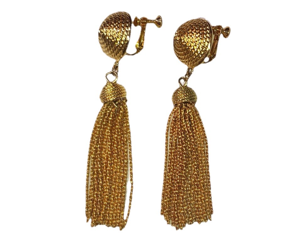 Signed NAPIER Vtg TASSEL Gold Tone Clip-on EARRINGS Dangle Adjustable Screwbacks