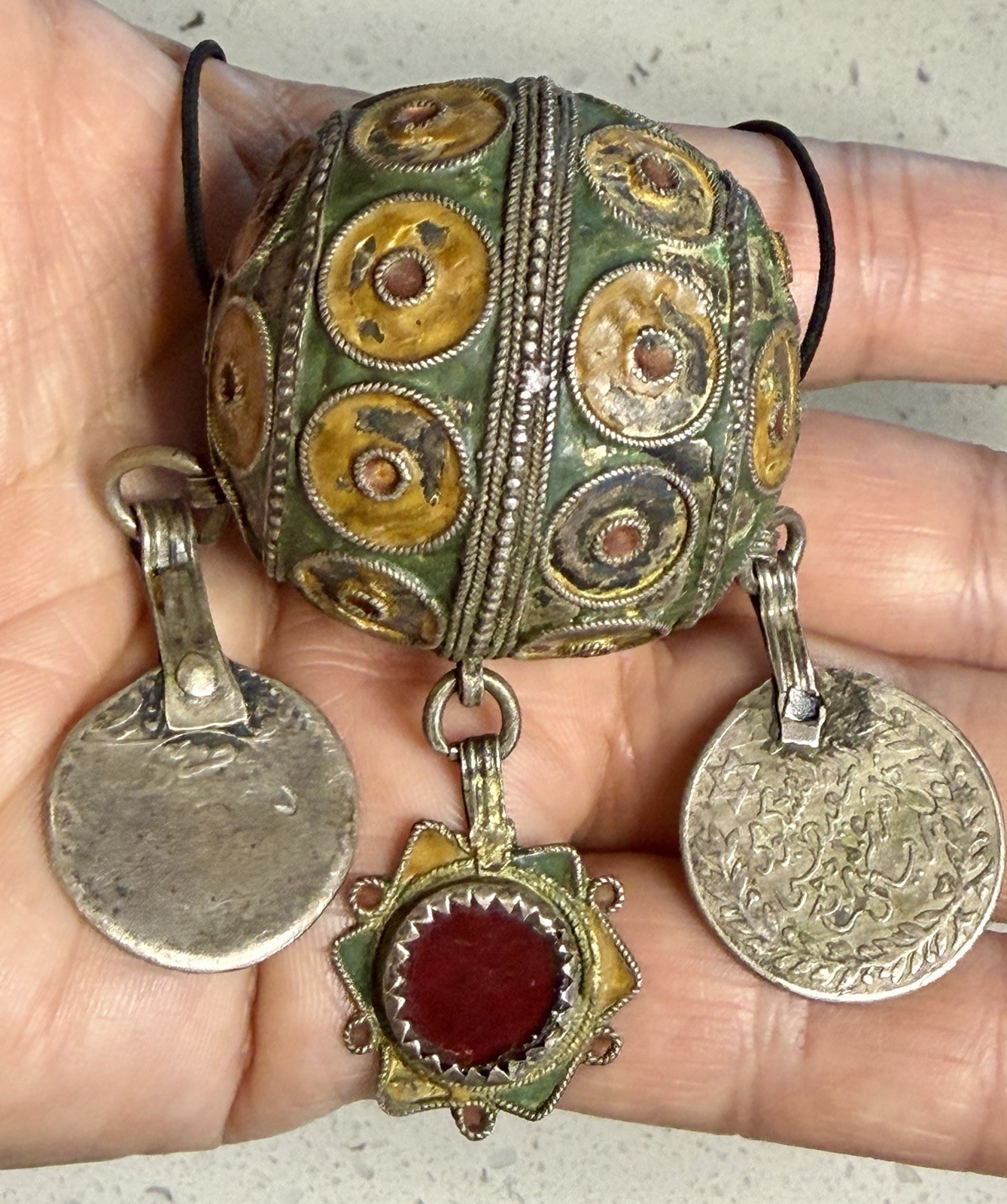 Antique Moroccan Enamel Silver Ball Pendent Necklace Coin Pendants Hand Crafted