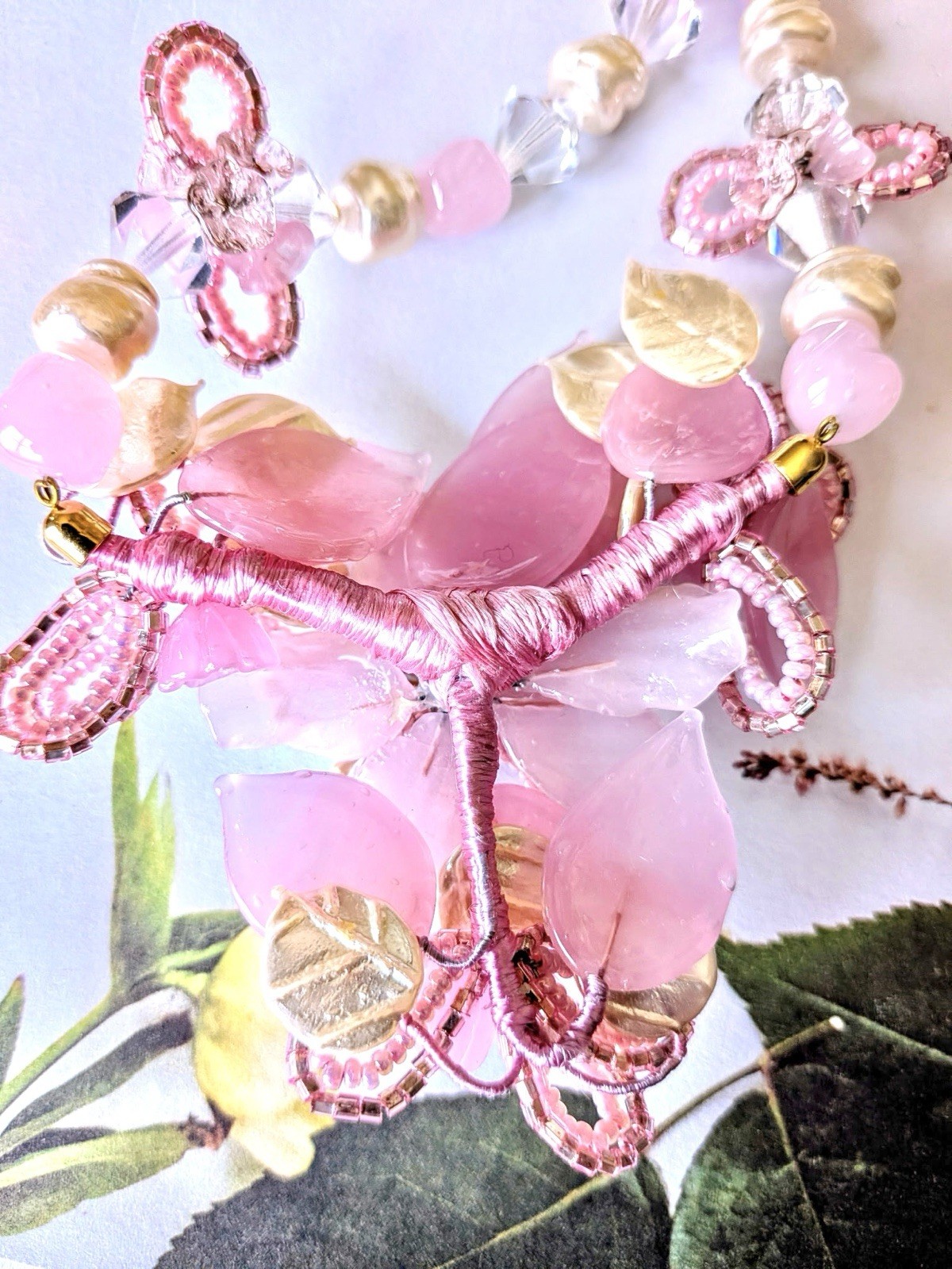 Vintage Venetian Milky Pink Flower Bead Art Glass Necklace 15″ + 3″ Extender