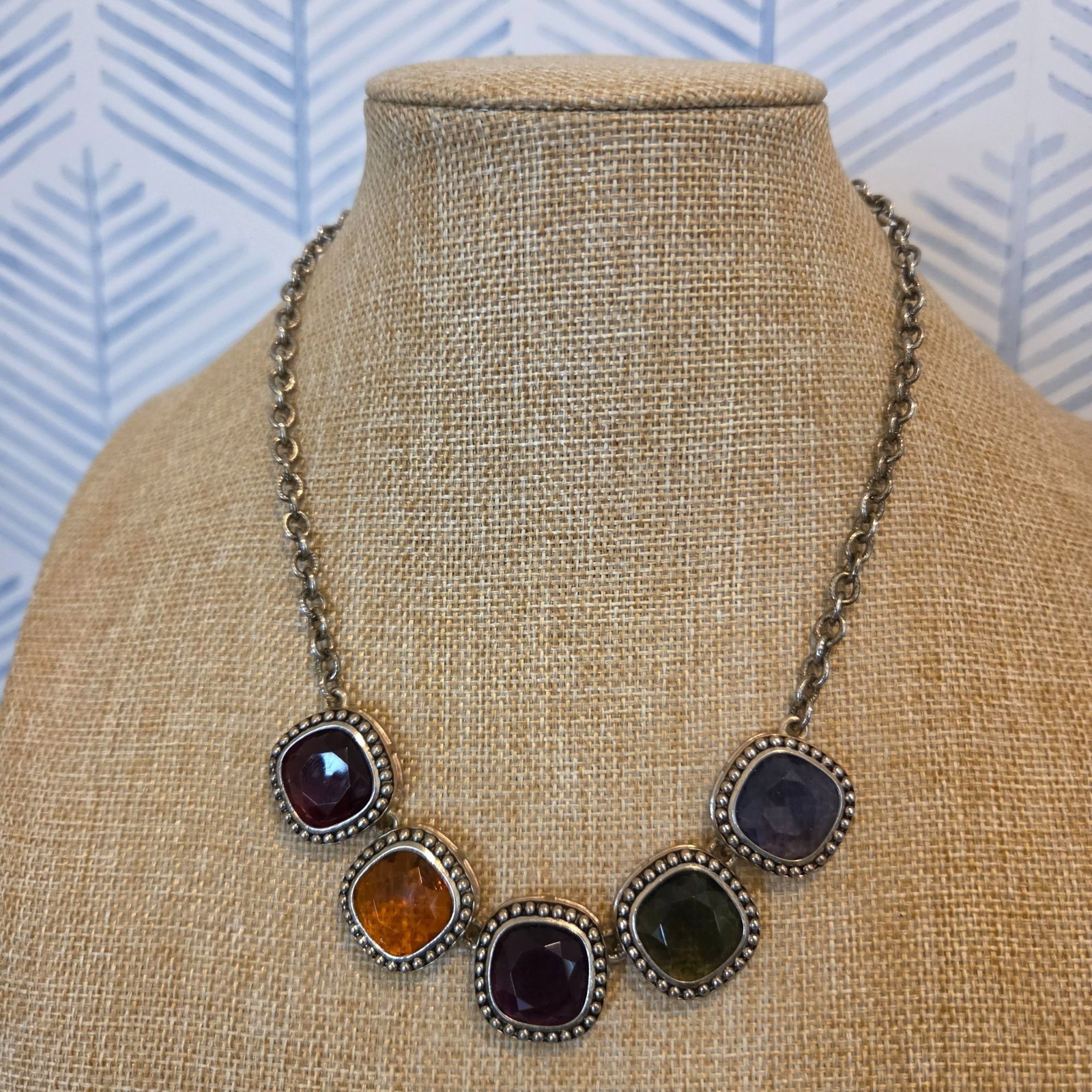 Vintage Multicolor Faceted Cabochon Necklace 19″ Chain
