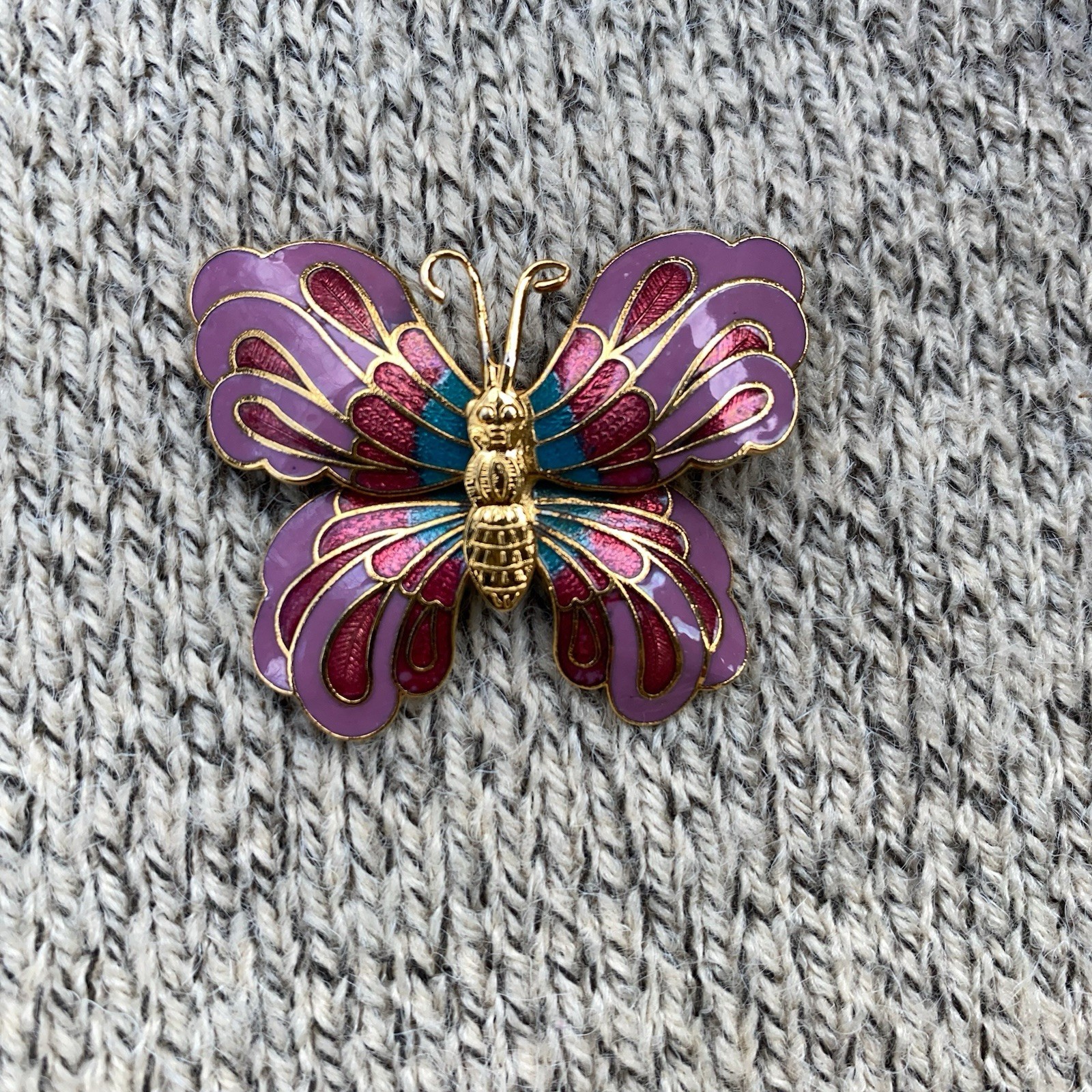 Vintage Butterfly Brooch Cloisone 3D Enamel Pink Lepidoptra 80s Gift Gold Tone