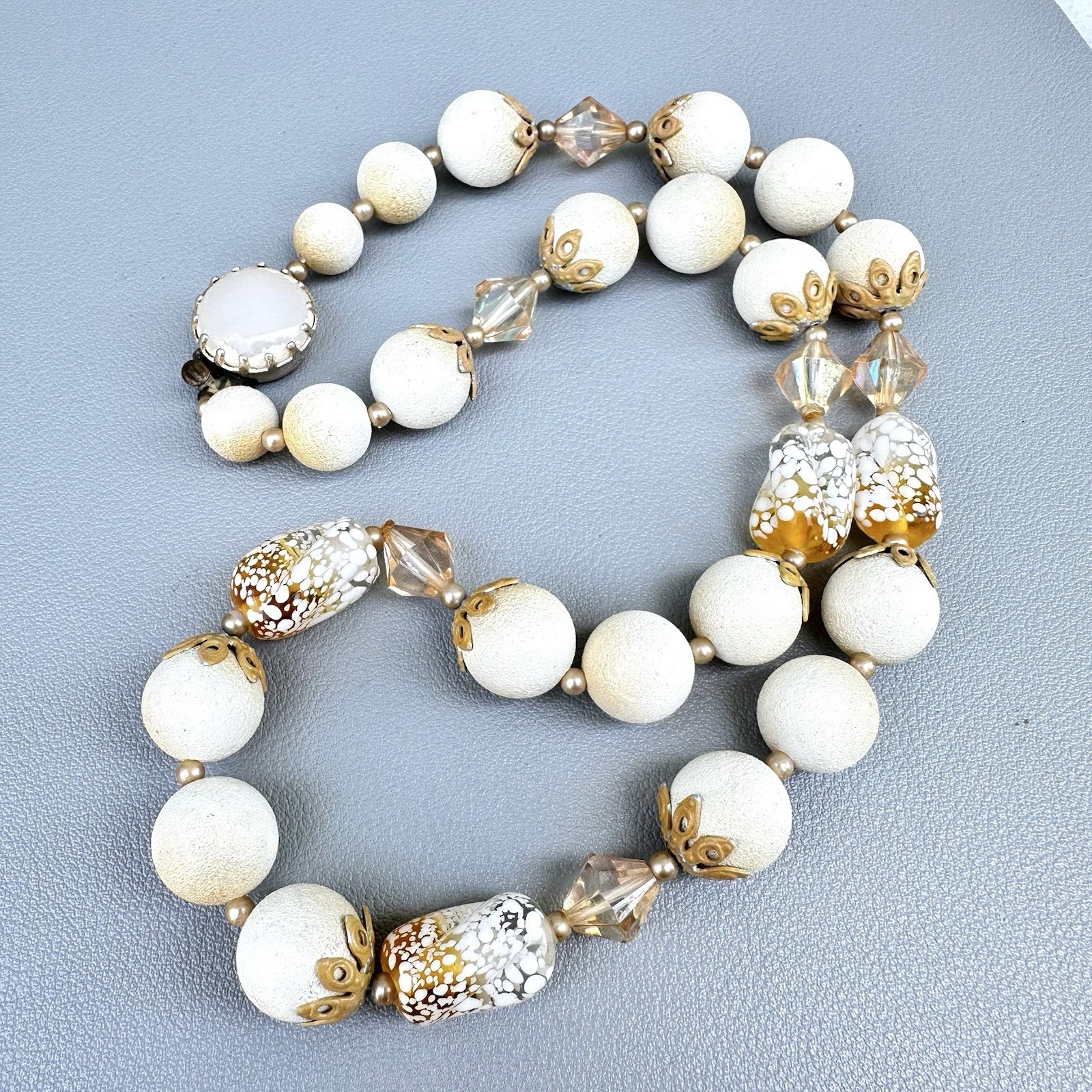 Vintage Japan Art Glass Necklace Beaded Amber White Splatter Frosted Speckle