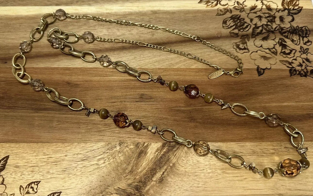 Vtg Autumn Amber Color Gold Tone Resin Metal Round Oval Beaded Necklace Jewelry