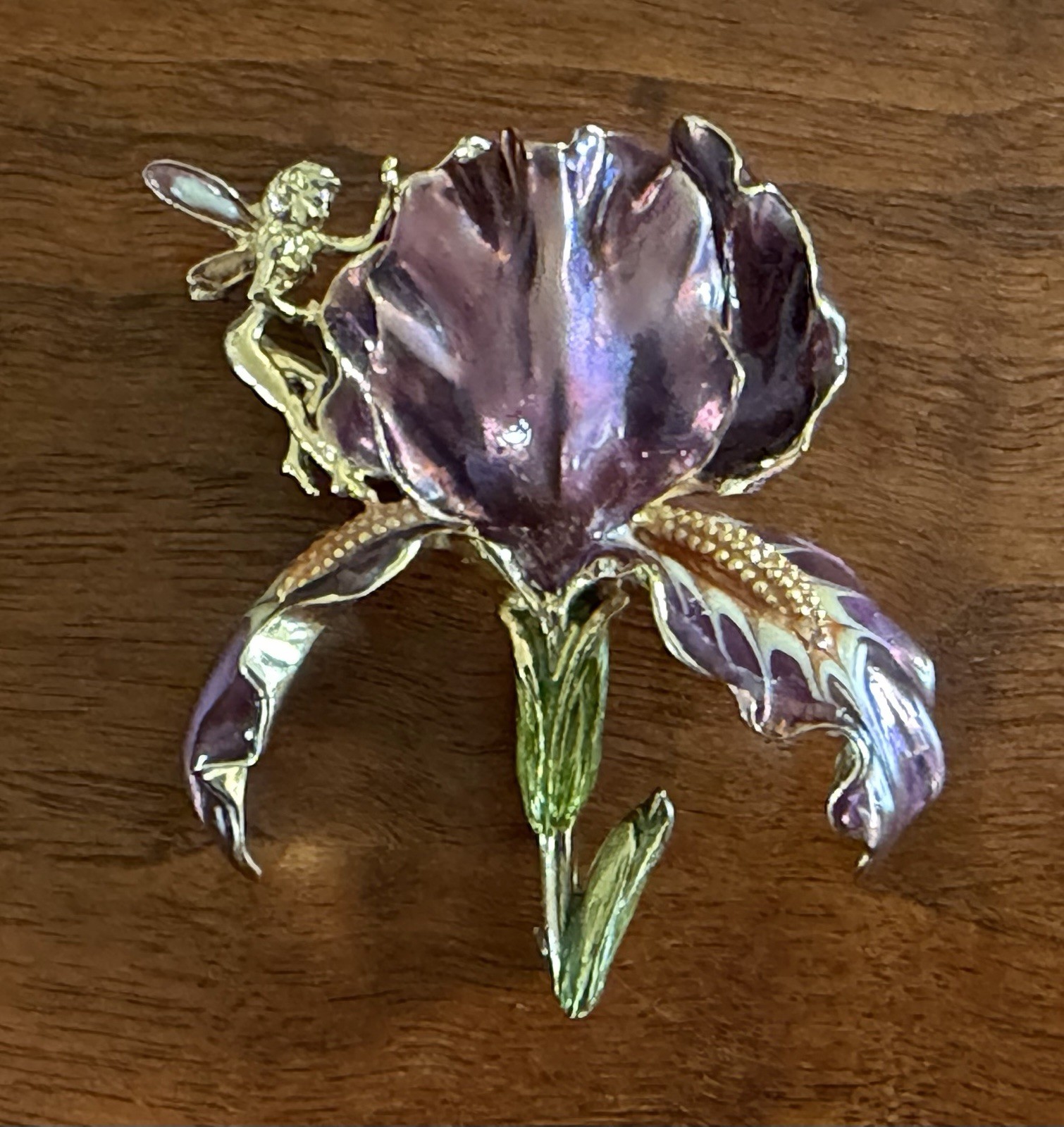 Vintage Large Kirks Folly Purple Enamel Orchid Brooch With Golden Fairy Signed