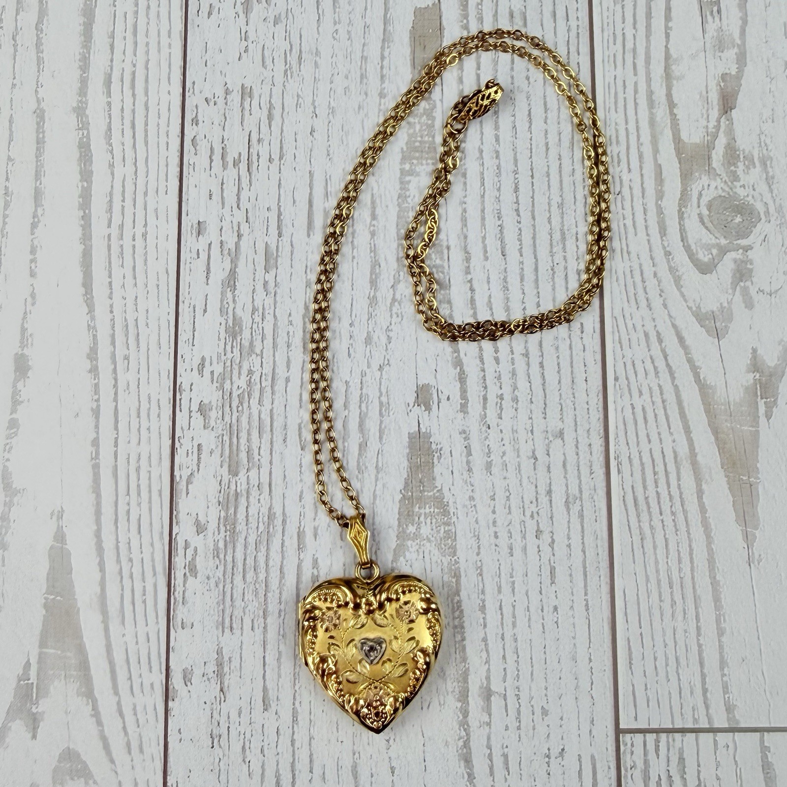Antique Victorian Art Deco Gold Filled Diamond Heart Locket Pendant Necklace