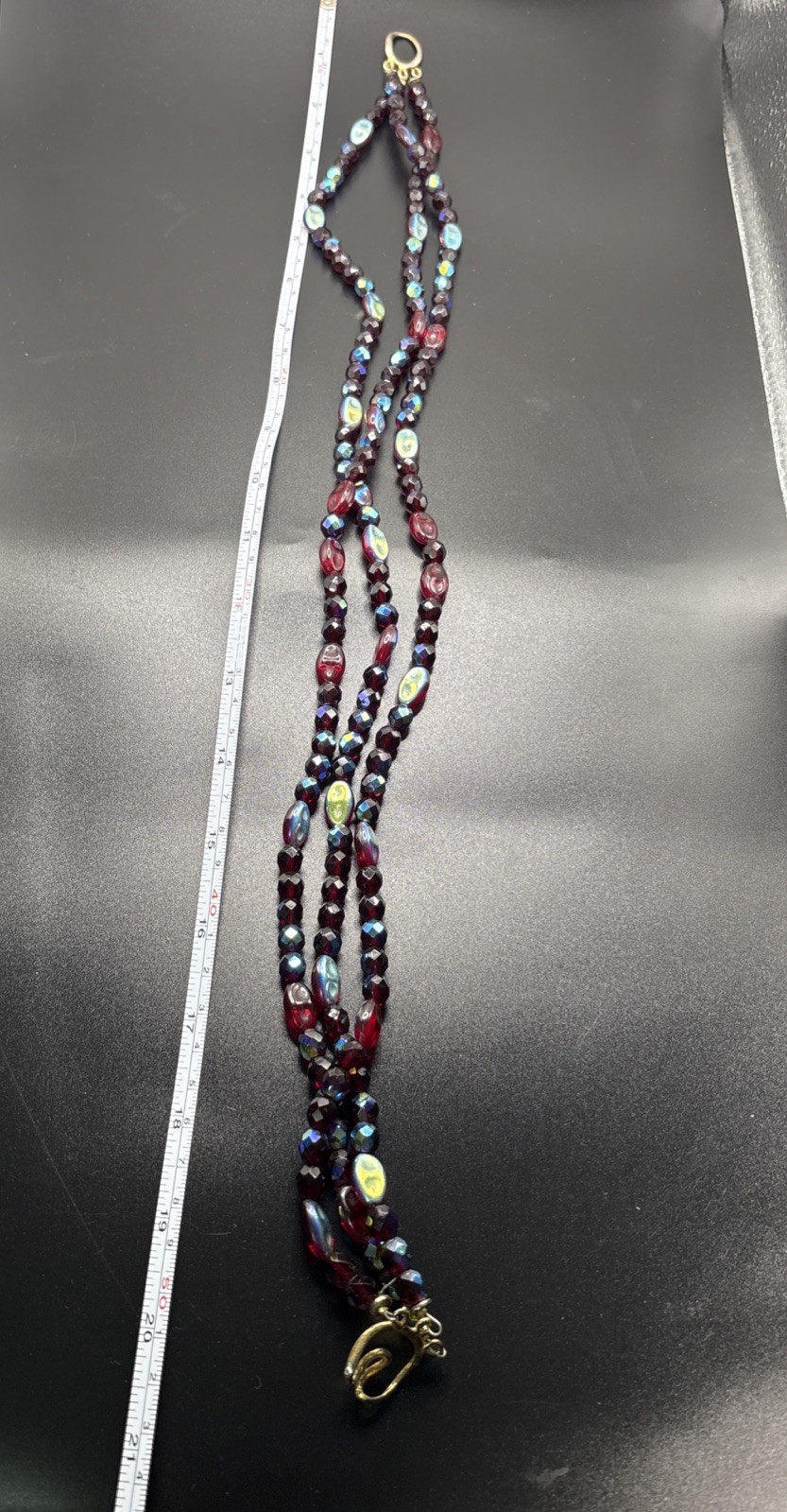 Vintage Red Glass Beaded Necklace multi strand Iridescent Statement Molded 20”