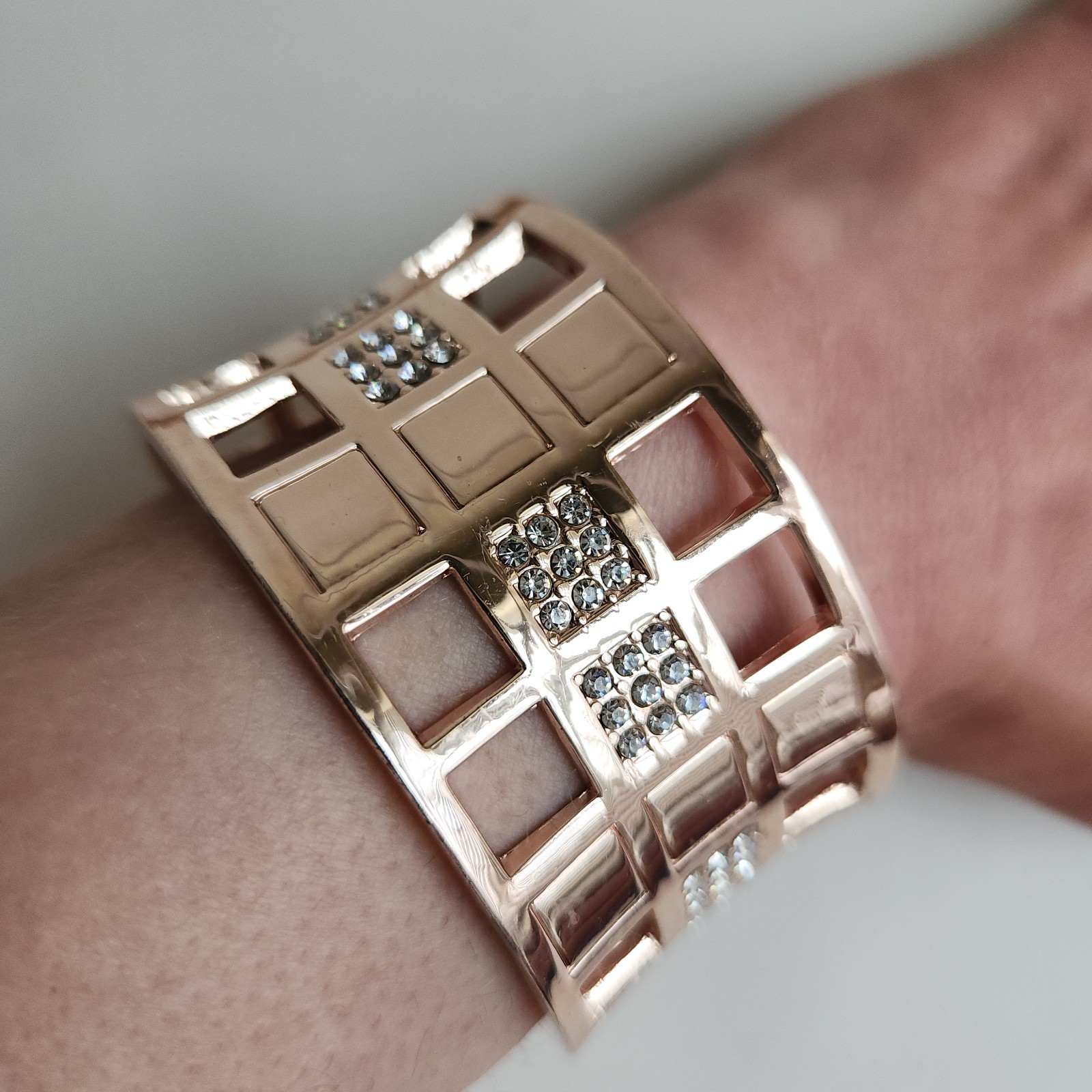 Rose Gold Tone Architectural Open Cuff Statement Bracelet Wide Modern 7″