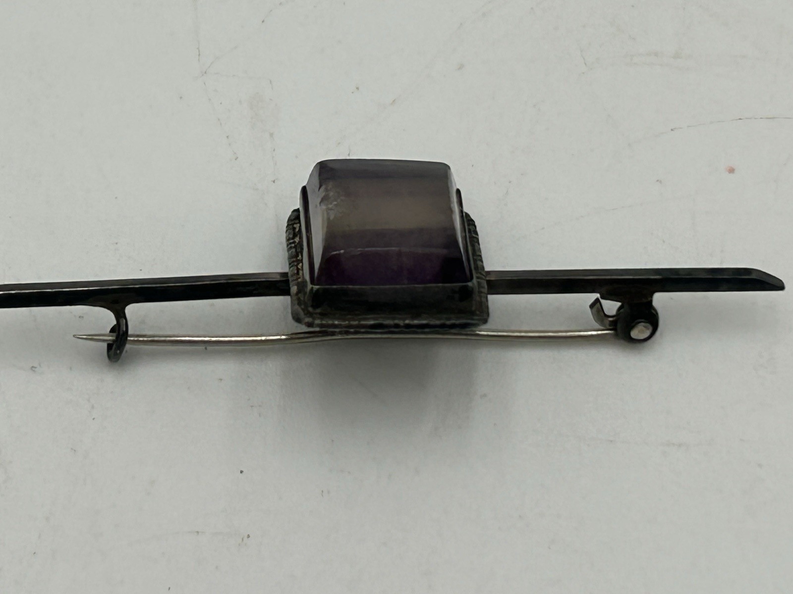 925 Sterling Silver Vintage Large Cushion Cut Amethyst Bar Pin Brooch