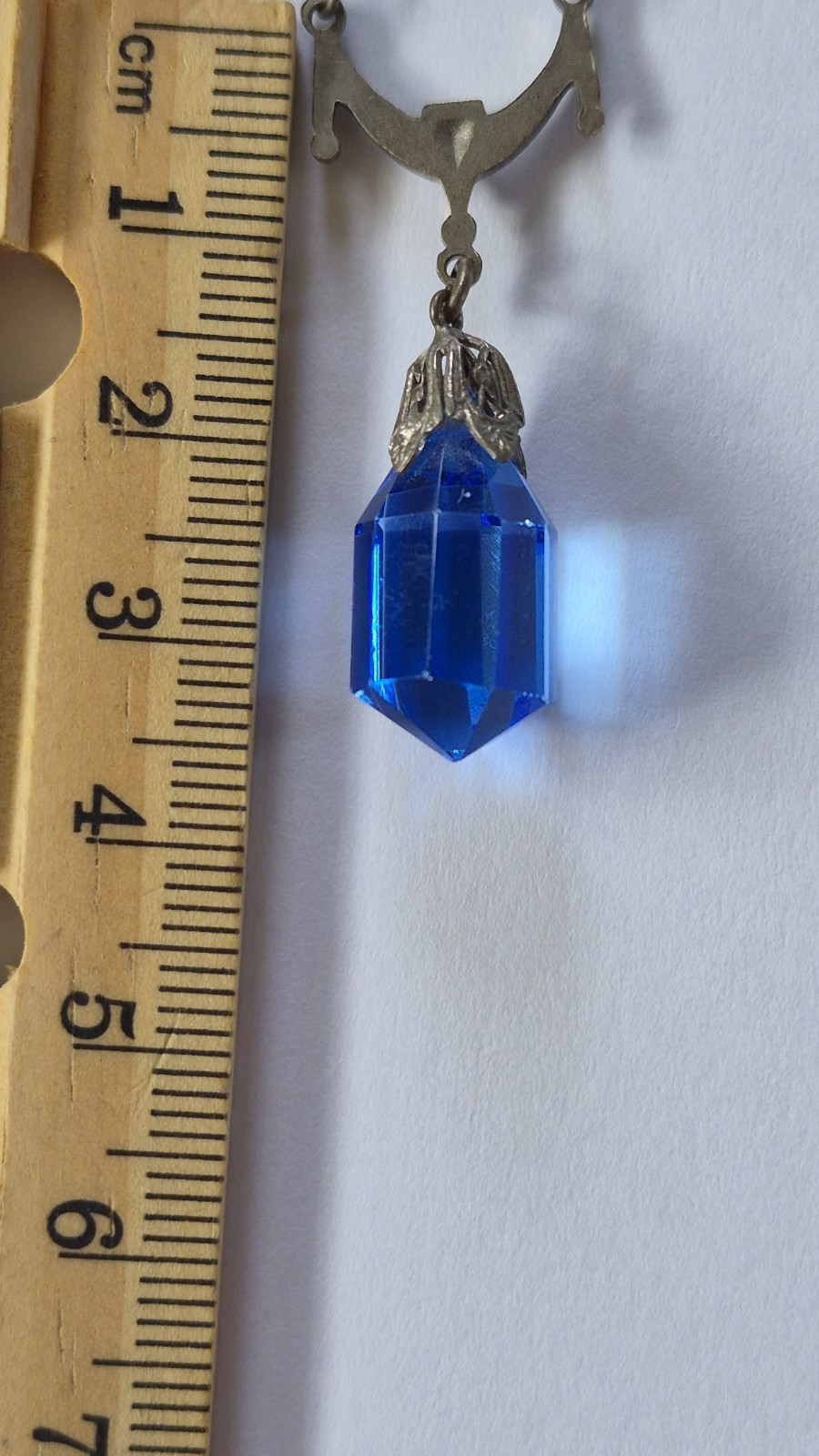 Necklace Art Deco Blue Crystal Sphere Faceted Shape Silver Tone Chain 15.75″