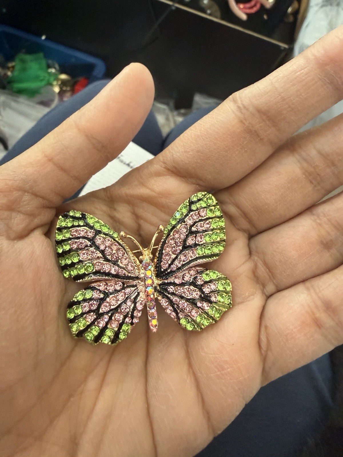 Butterfly Brooch Pink And Green Pin Rhinestone