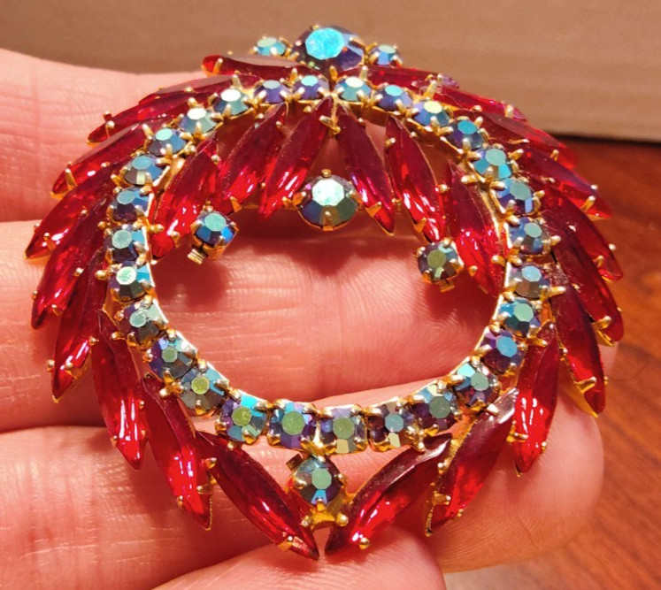 Vintage Red & Iridescent Rhinestone 2 1/4″ Round Brooch