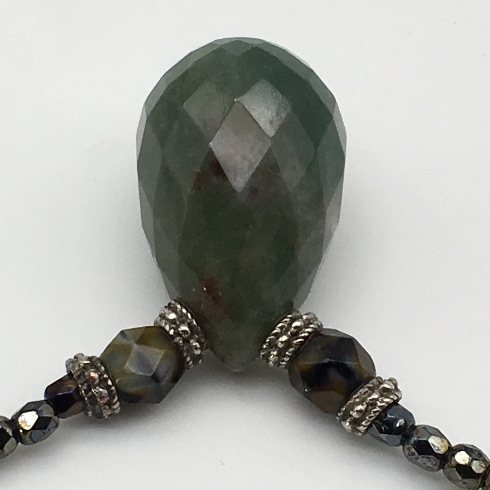 Vintage Blood Stone Pendant Crystal Hematite Czech Beads Sterling 16″ Necklace