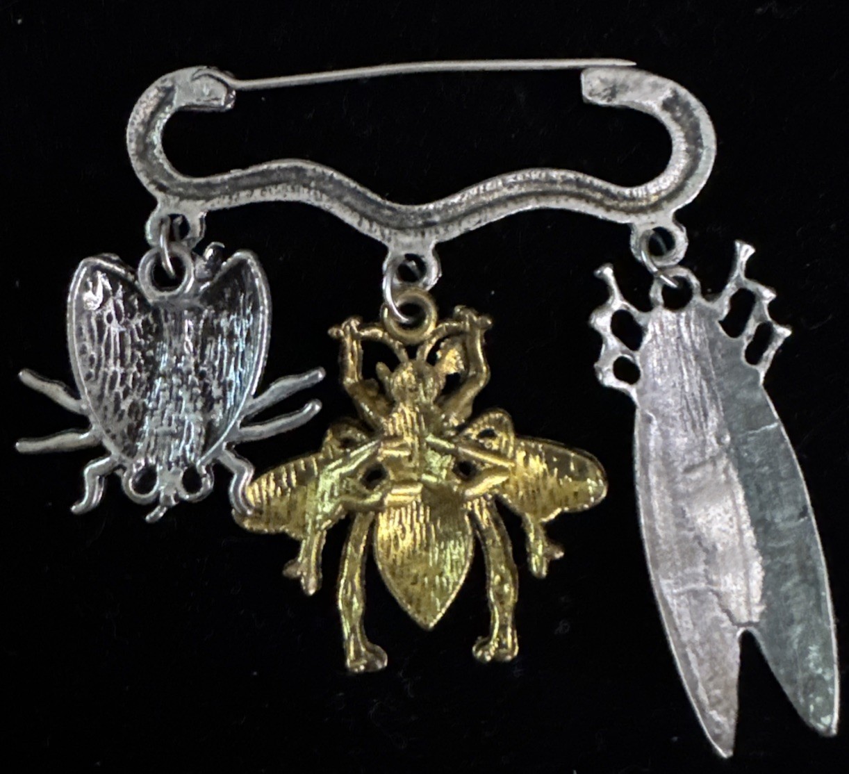 Vintage Insect Charm Brooch Pin Cicada Bee Beetle Mixed Metal Not Signed EX Cond
