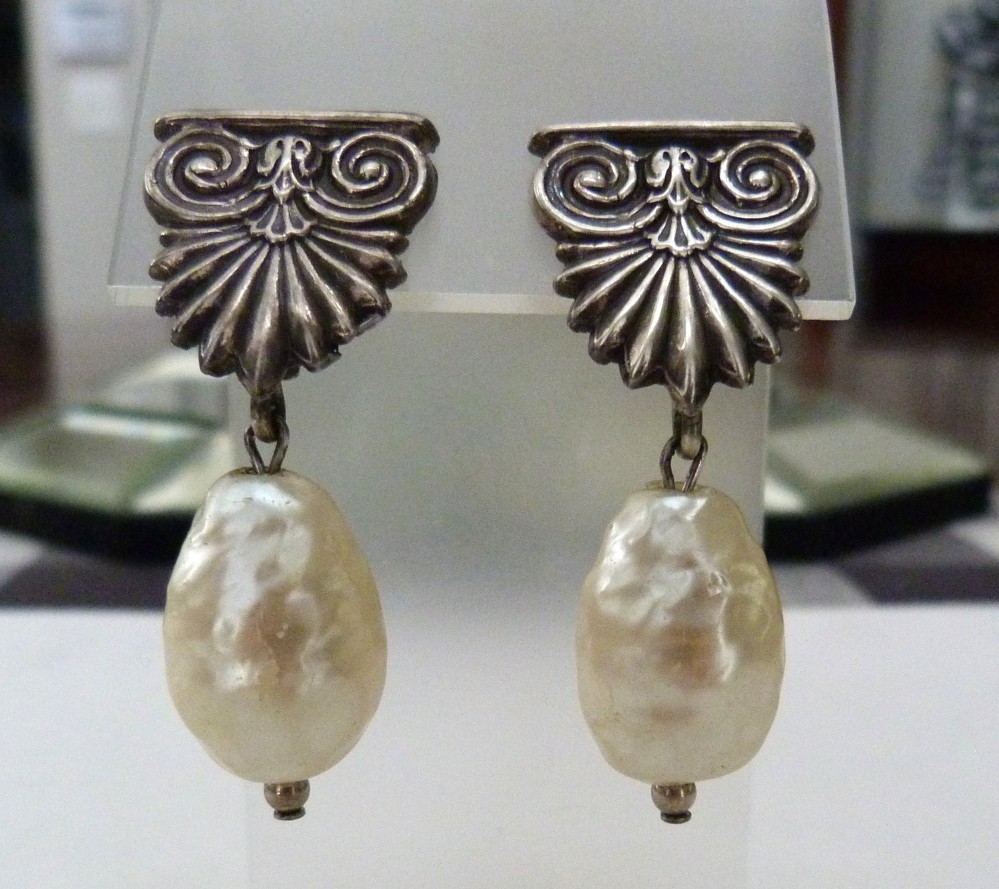 2″ VINTAGE STERLING SILVER ETRUSCAN LARGE FAUX BAROQUE PEARL DANGLE EARRINGS