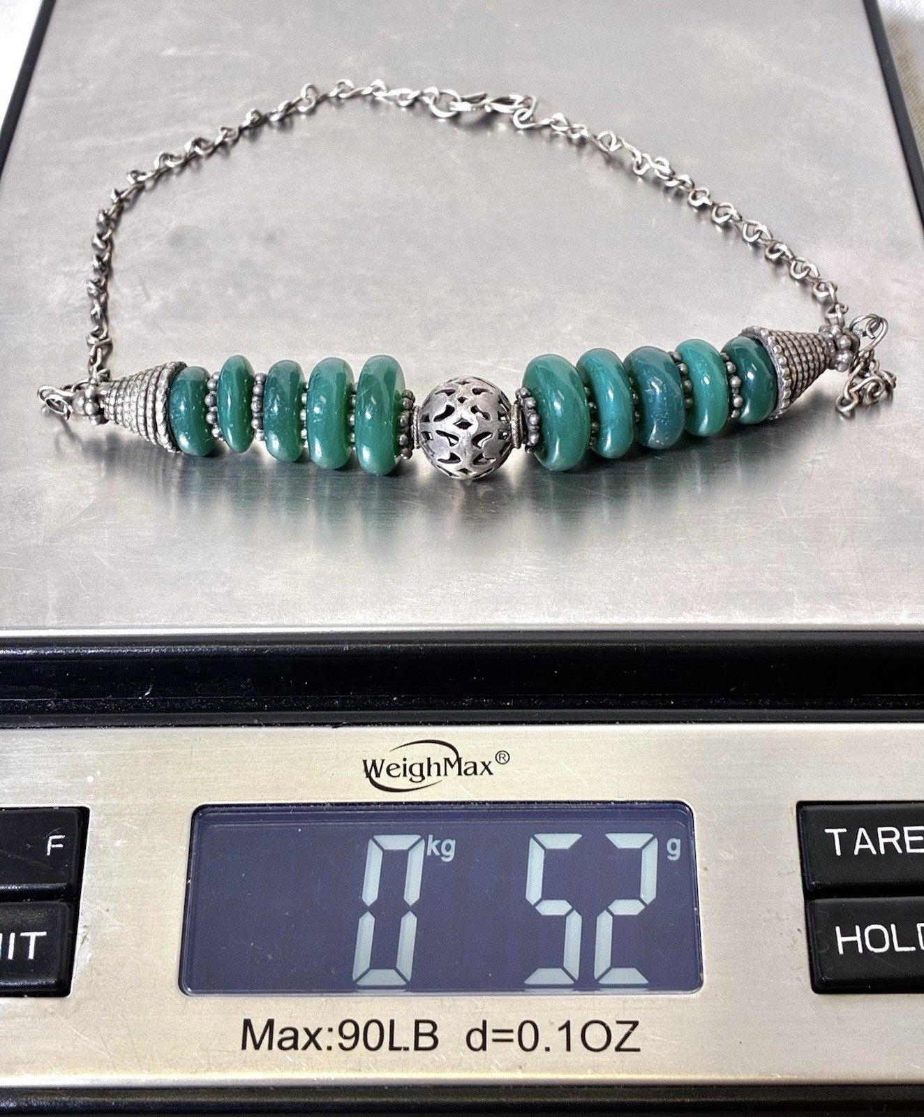 Vintage Moroccan Berber Style Sterling Silver Green Agate Bead Necklace 52g
