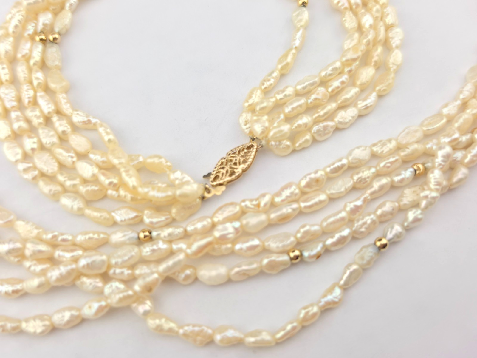 Vintage 5 Strand Cream Rice Pearl 35″ Necklace 14k Yellow Gold Accents