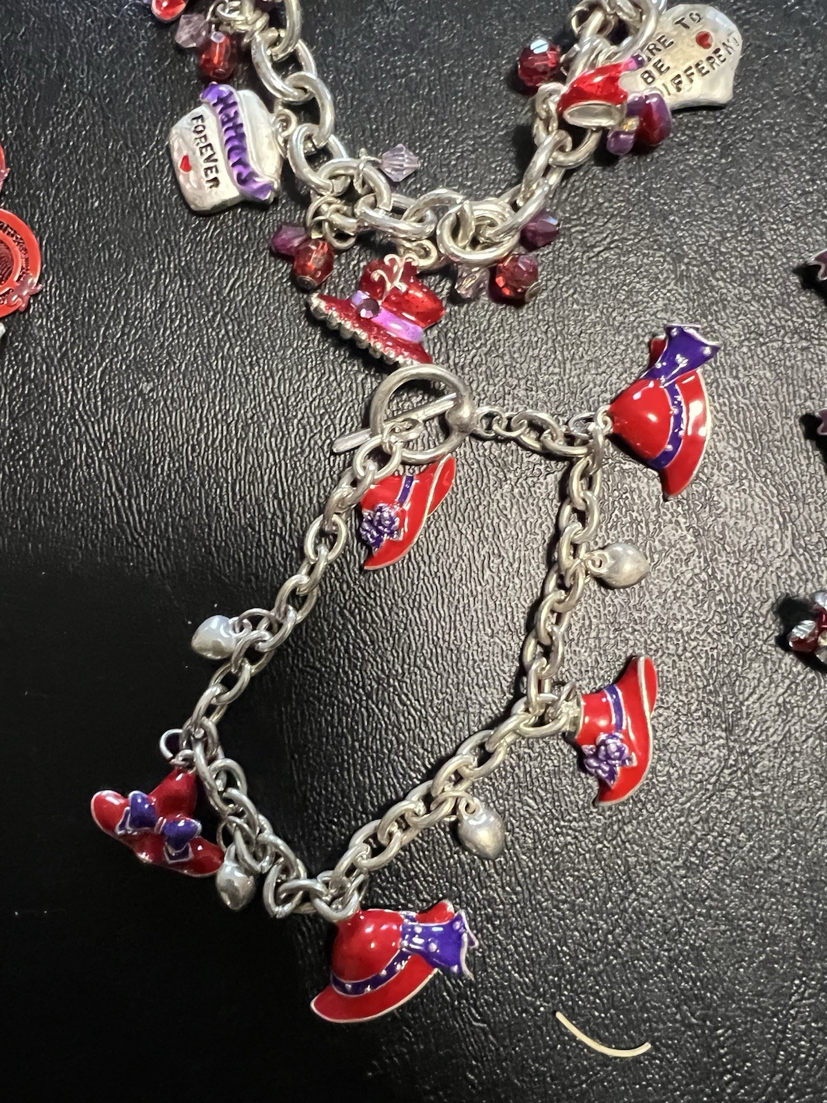 Red Hat Society Jewelry Lot Of 54 Brooches Bracelets Watch Necklaces Charms Box