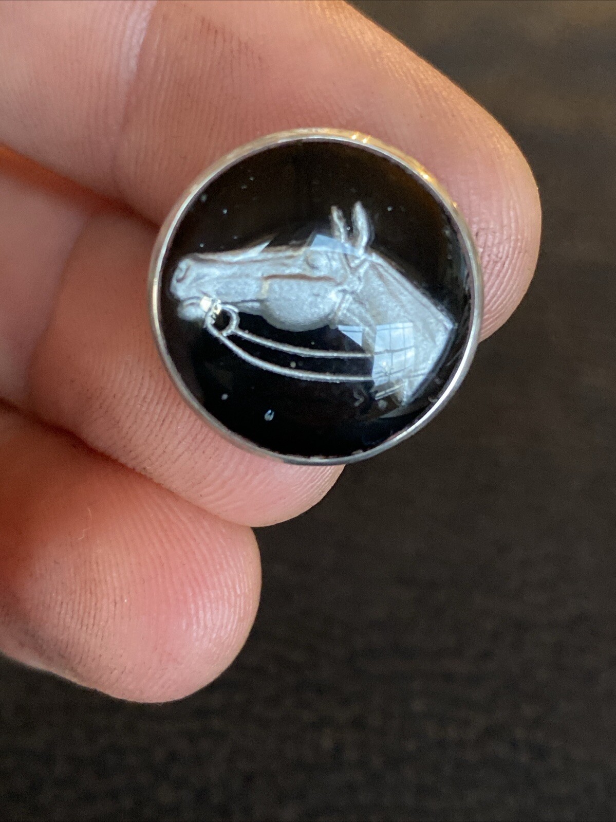 Antique Bubble Goofus Glass Reverse Painted Carved Intaglio Horse Equestrian Pin