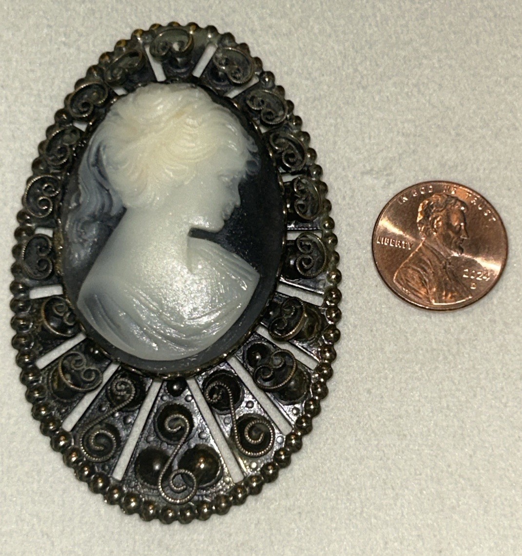 Vintage Cameo Brooch Black & White Lady Filigree Frame 2.75” Statement 1960 Gold