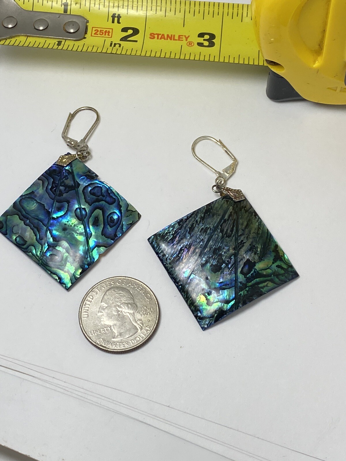 Vintage Large Iridescent Blue Green Abalone Shell Paua Square Dangle Earrings