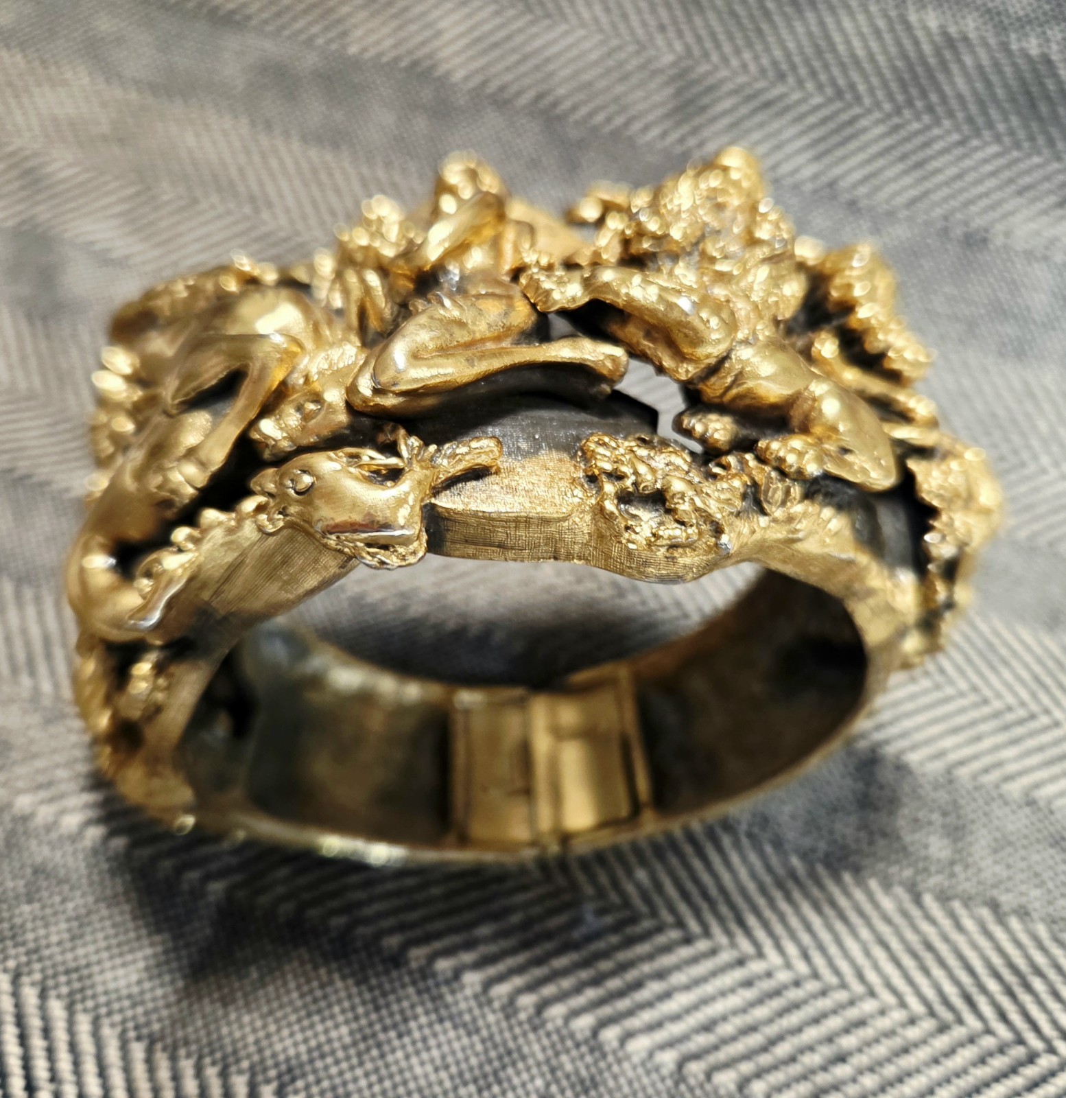 Tortolani Zodiac Clamper Cuff Bracelet Brutalist Sculptural 60s Signed Costume