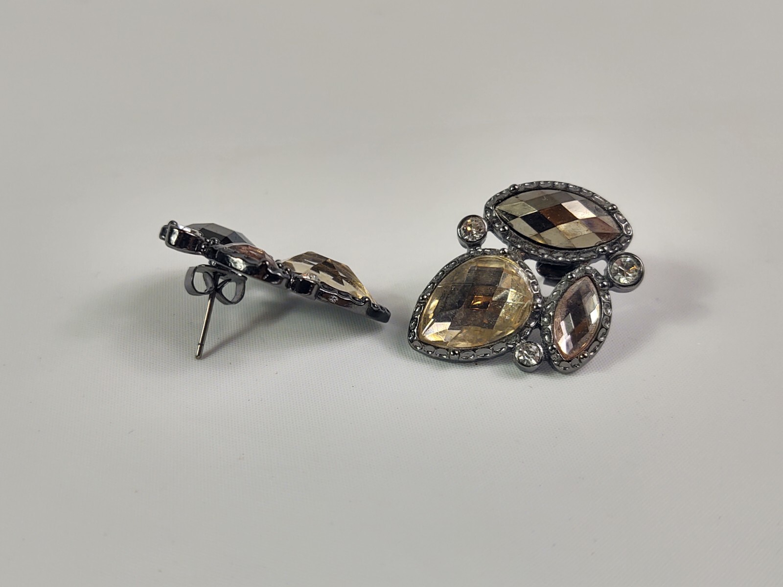 Pierced Earrings Costume Jewelry Silver Tone Multicolor Faceted Stones Vintage
