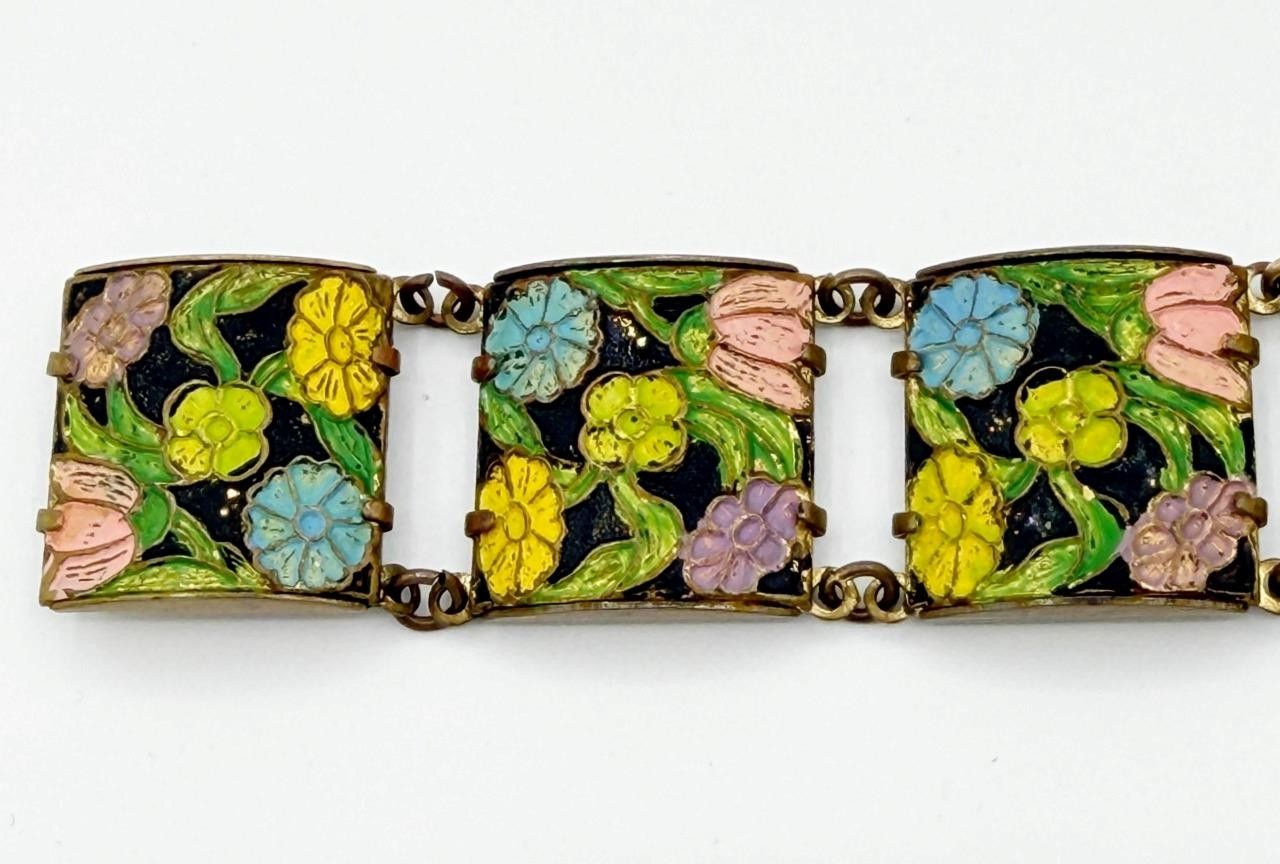 Vintage 1930s Floral Enamel & Brass Link Bracelet Made in England