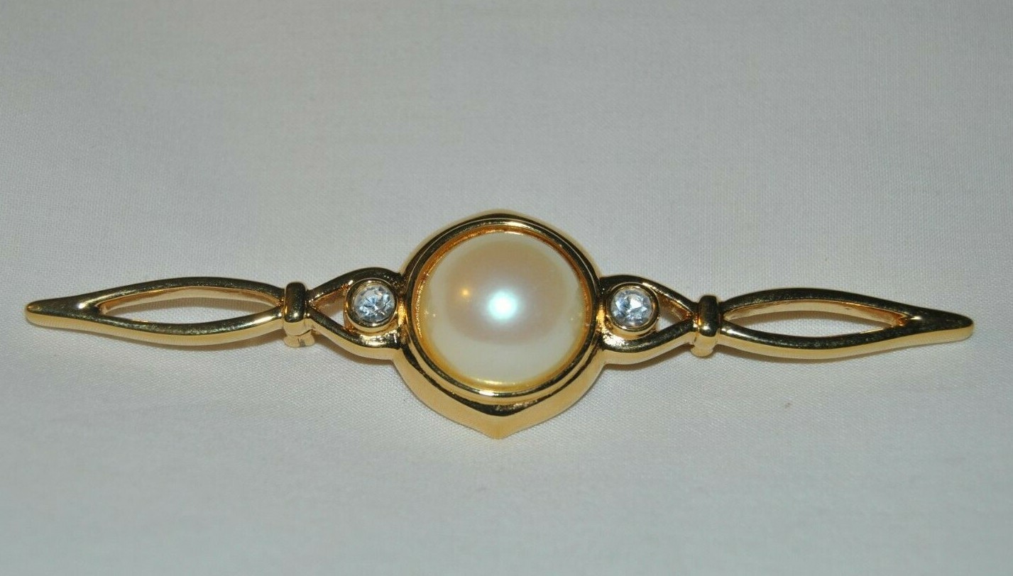 Monet Gold Tone Large Faux Pearl Bar Pin Brooch 4 in Long