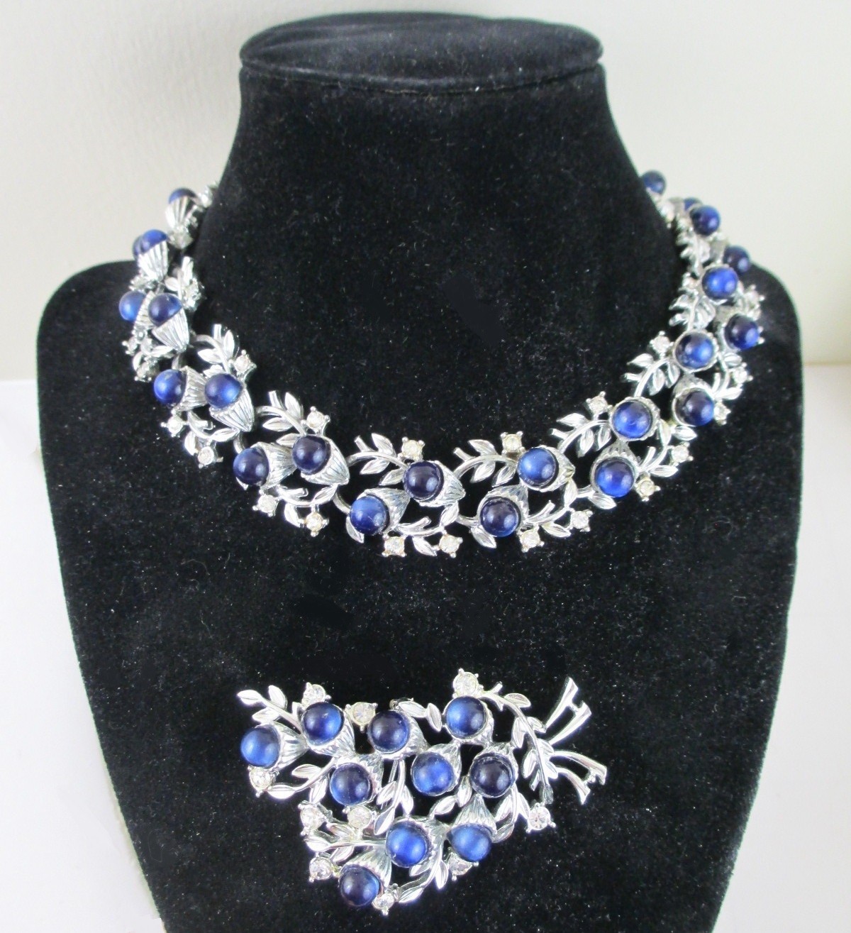 Vintage Floral Berries Bouquet Blue Moonglow Brooch Silver Cabochon Rhinestone