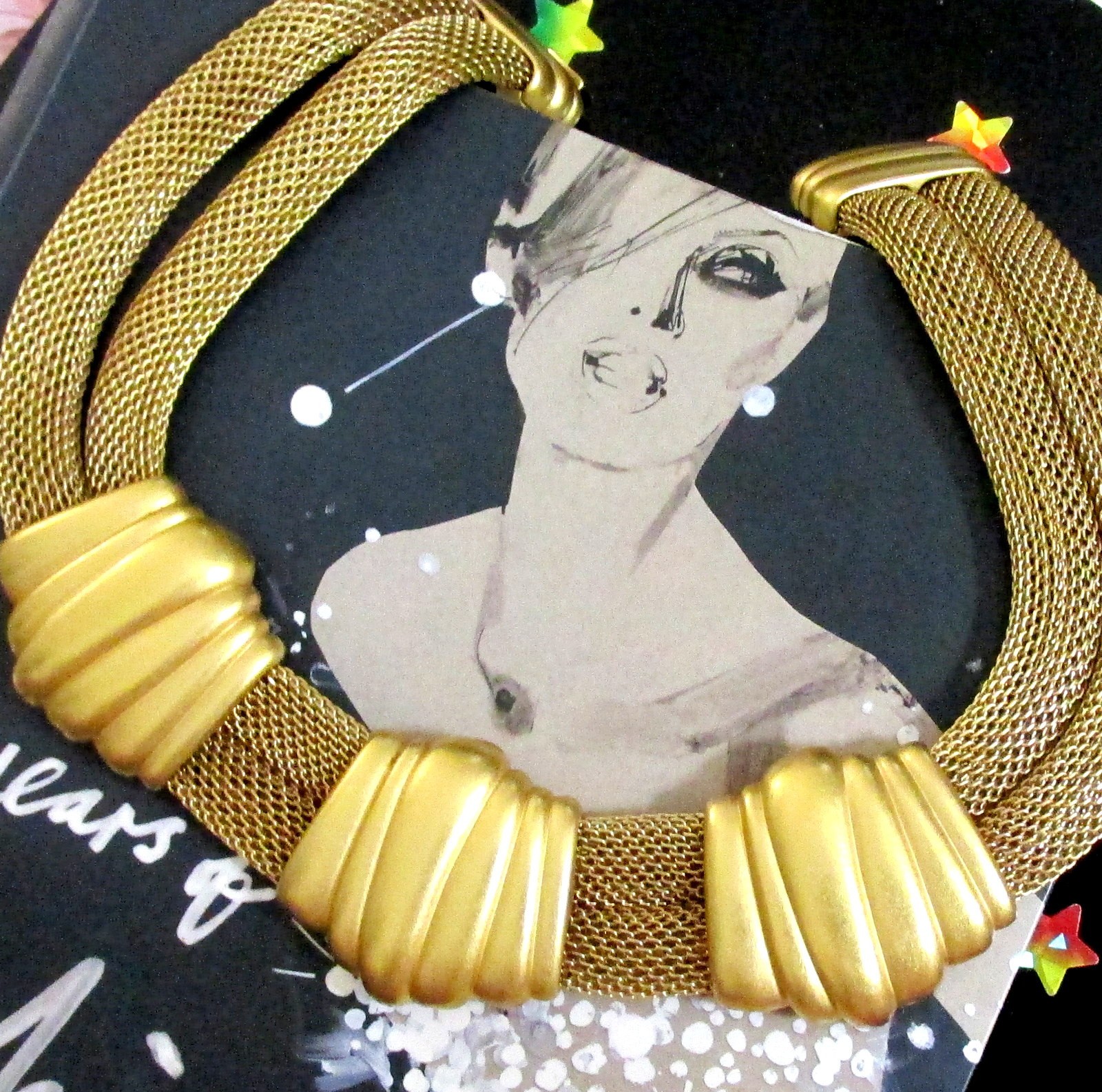 Vtg Runway MONET Double Mesh Chain Satin Gilt Station Modernist Necklace Weighty