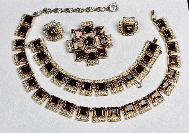 Bogoff “Tawny Topaz” Swarovski Emerald Cut Gold Plate Parure