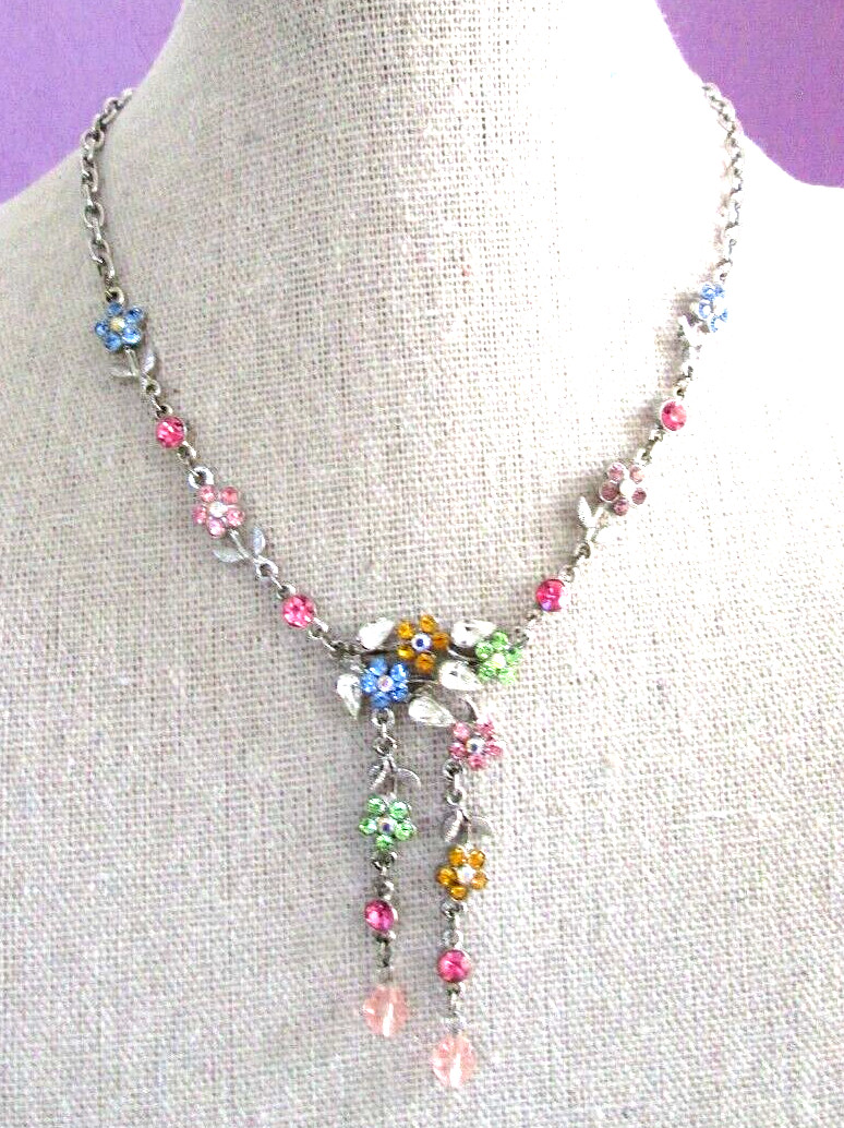 Pastel Crystal Flowers Dangle Drop Collar Necklace 15” Cottagecore Garden